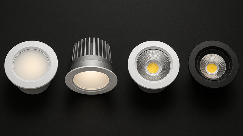 Best LED Downlights Manufacturer A selection of high-quality LED downlights on a dark background