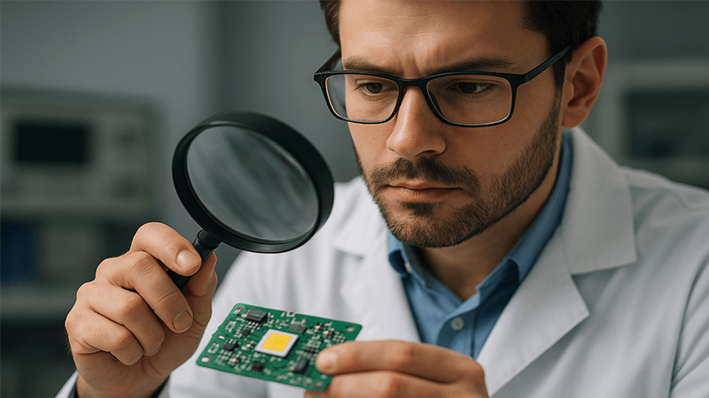 Quality Control for LED Lights An engineer in a lab coat inspecting an LED chip on a circuit board with magnification