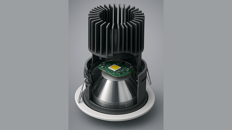 LED Downlight Thermal Management and Heat Sink A detailed cutaway view of a high-quality LED downlight showing the heavy-duty heat sink fins