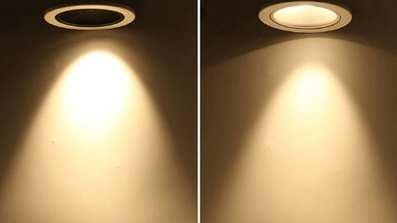 Useful Lumens vs Raw Glare A side-by-side comparison showing a glary downlight vs a low-glare downlight illuminating a surface