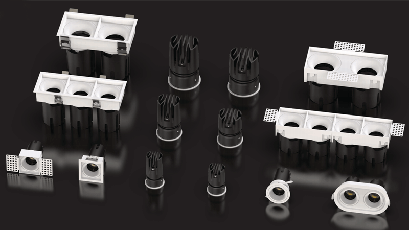 Modern Recessed Aperture Platform Lighting A modular downlight system with the housing installed and several interchangeable light modules next to it