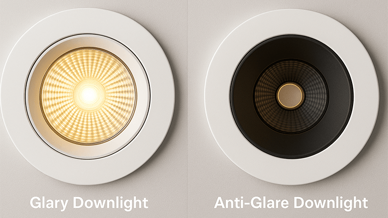Reducing Glare with Advanced Downlight Design A close-up comparison of a glary downlight versus an anti-glare downlight