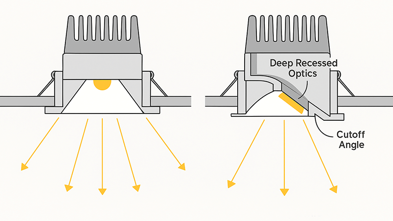 The Engineering Behind Anti-Glare LED Lights A diagram showing how light is directed in a standard vs. an anti-glare light fixture