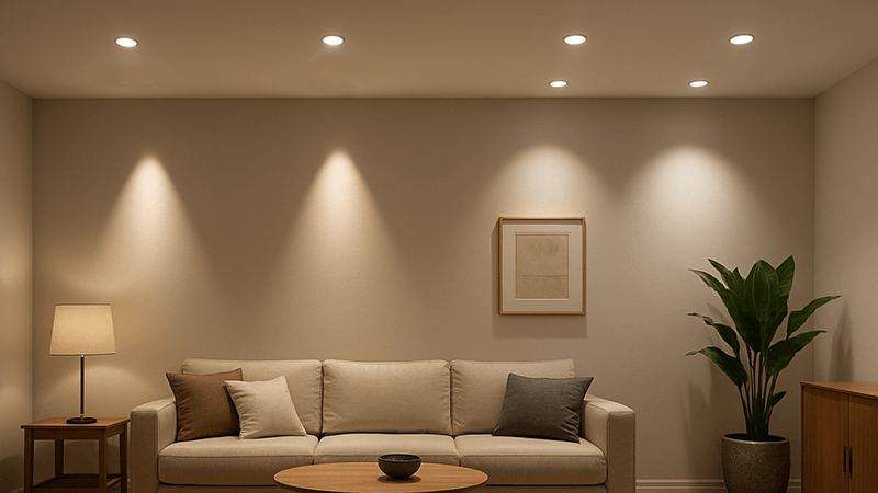 A room showing a mix of wide and narrow beam angle downlights