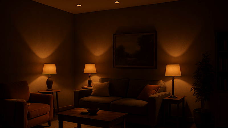 A cozy living room with dramatic accent lighting