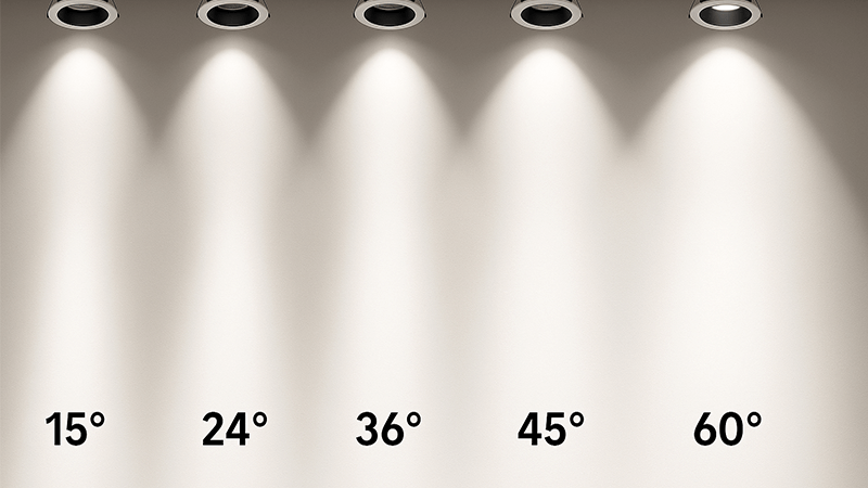 An array of LED downlights with different beam angles shining on a wall
