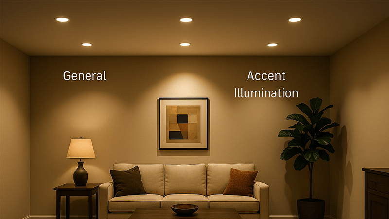 A living room with recessed lights showing both general and accent illumination