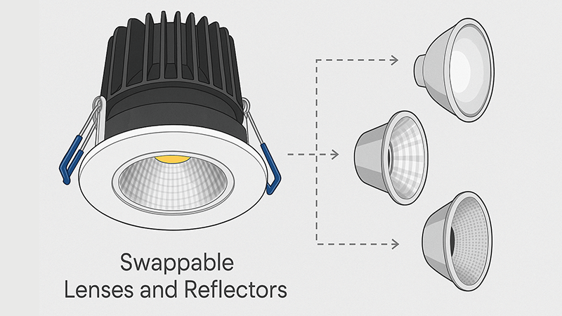 A modular downlight with swappable lenses and reflectors