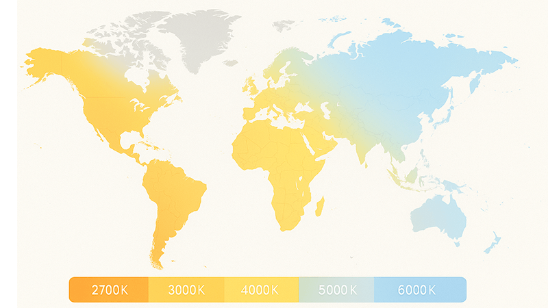 a world map with different light color temperatures overlaid