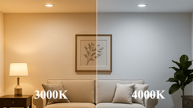 a split image showing a room in 3000K and 4000K light