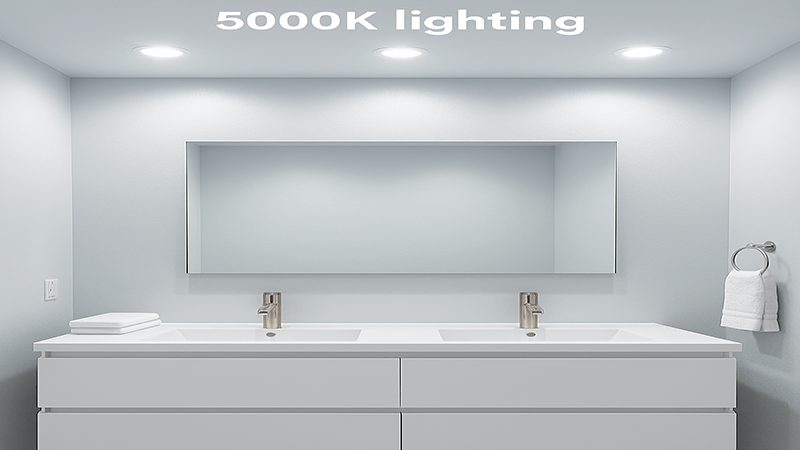 a modern bathroom vanity with bright 5000K lighting