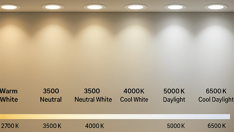 A range of LED downlights showing different color temperatures from warm yellow to cool white