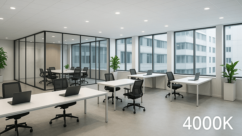 A modern office space illuminated with 4000K neutral white downlights