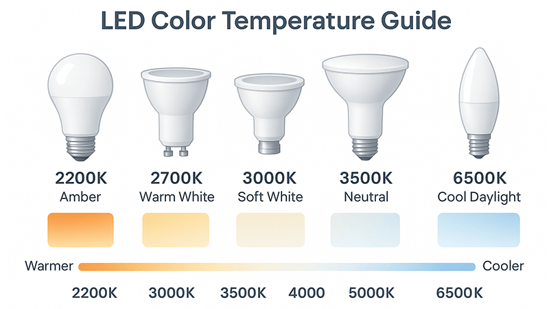 A comparison chart showing different LED light bulbs with their Kelvin ratings