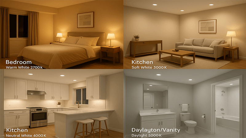 A collage of four different room types, each with its ideal LED light color