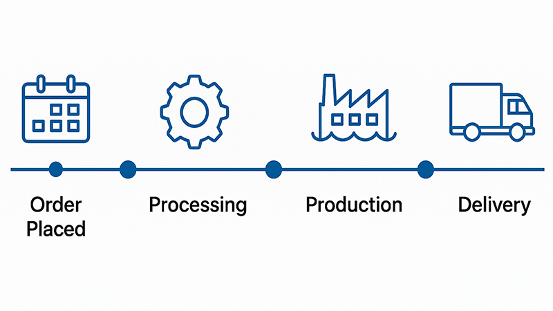 a timeline graphic showing the stages of an order from placement to delivery