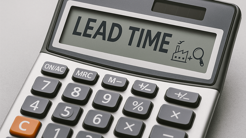 a calculator with icons for factory, inspection, and ship to illustrate lead time calculation