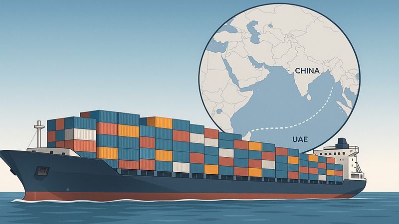 a cargo ship on the ocean with a map showing the route from China to the UAE