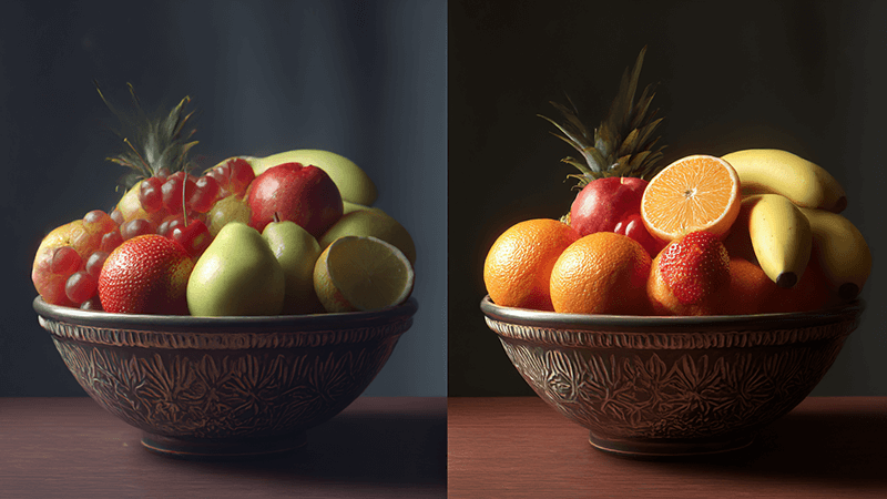 Light Spectrum Quality vs Lumens A visual comparison of good versus bad light spectrum rendering fruit in a bowl
