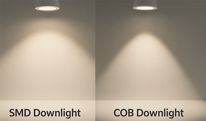 A wide, diffuse light beam from an SMD downlight versus a focused, sharp beam from a COB downlight