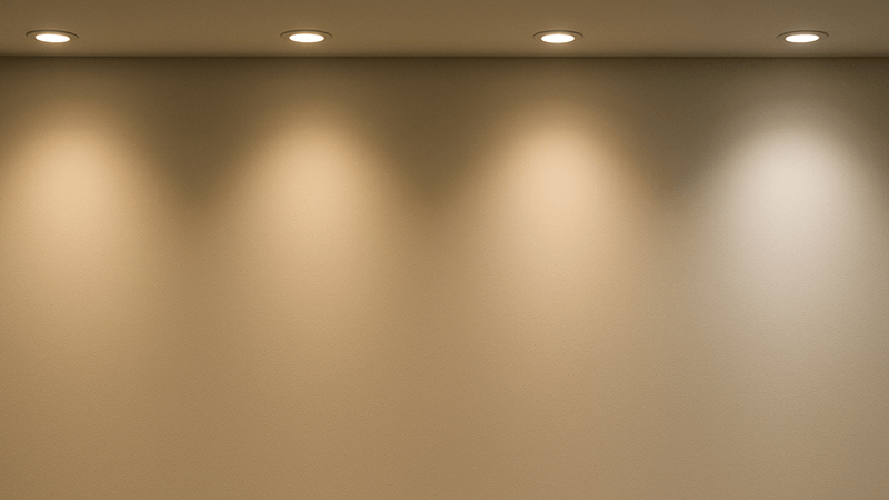 A wall lit by several SMD downlights showing subtle, minor color temperature differences between each fixture
