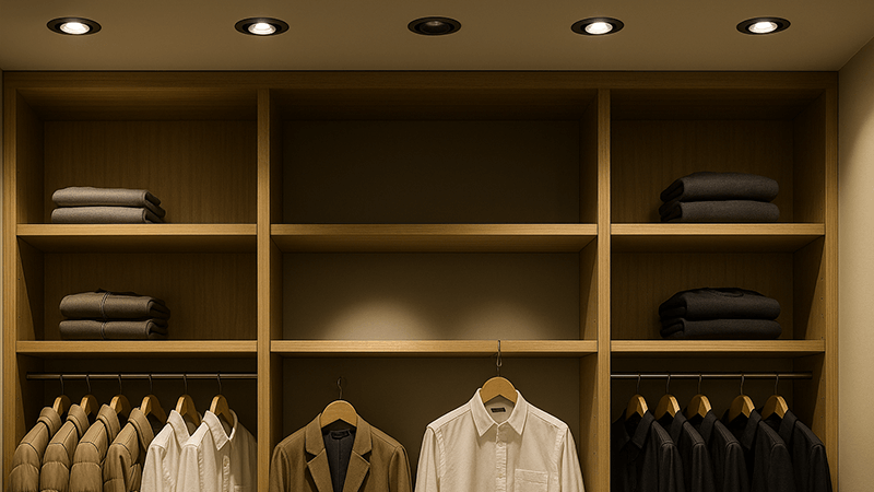 A retail store display where one COB spotlight has failed, leaving a dark spot on the merchandise