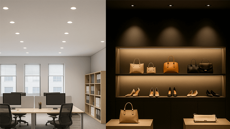 An office with even SMD lighting versus a luxury store with dramatic COB accent lighting