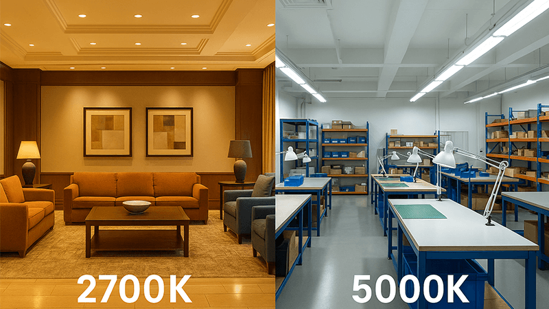 Side-by-side view of a hotel lobby with warm 2700K light and a workshop with cool 5000K light