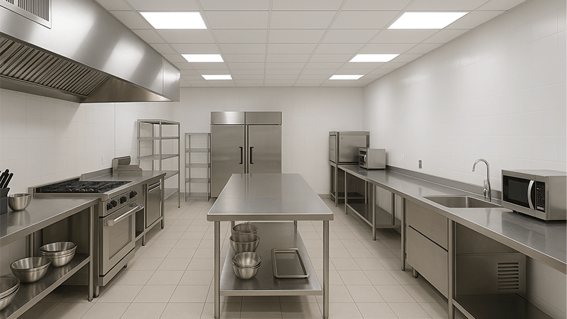 A bright, clean commercial kitchen with 5000K lighting overhead