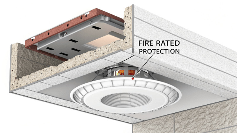 Fire-Rated Downlight Explained A close-up of a modern fire-rated downlight installed in a ceiling.