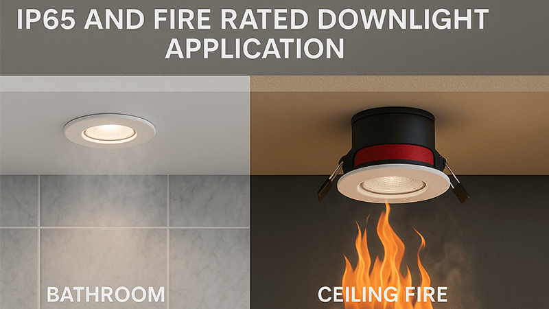 IP65 and Fire Rated Downlight Application A downlight installed in a bathroom ceiling with steam to illustrate the need for IP rating.