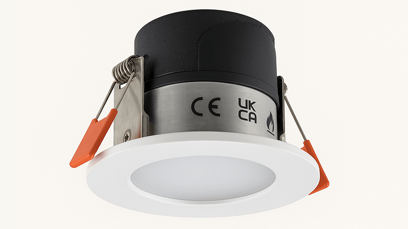 A fire rated downlight showing certification marks and a robust metal casing