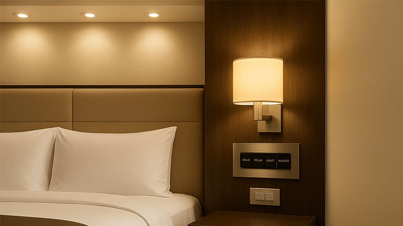 Hotel guest room with intuitive bedside lighting controls and a master switch