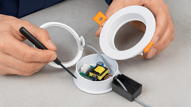 a technician opening up a failed LED downlight to inspect the driver