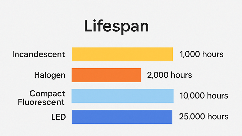 a timeline graphic showing the lifespan of different types of light bulbs