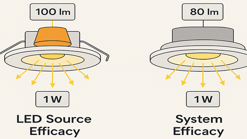 Diagram showing the difference between LED source efficacy and system efficacy
