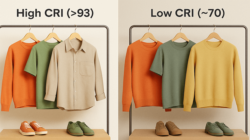 Two retail spaces, one with [high CRI](https://www.downlights.co.uk/why-is-high-cri-lighting-better.html)<sup id=