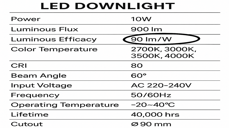 A specification sheet for an LED downlight with the lm/W value circled