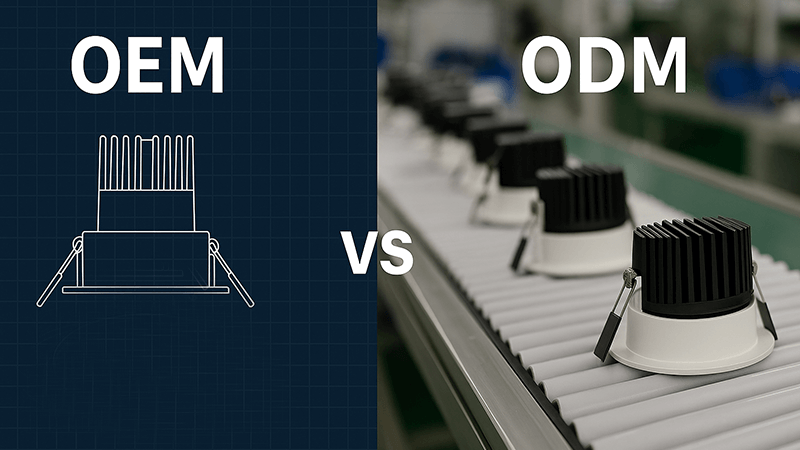 A blueprint of an LED downlight next to a finished product on a factory assembly line.