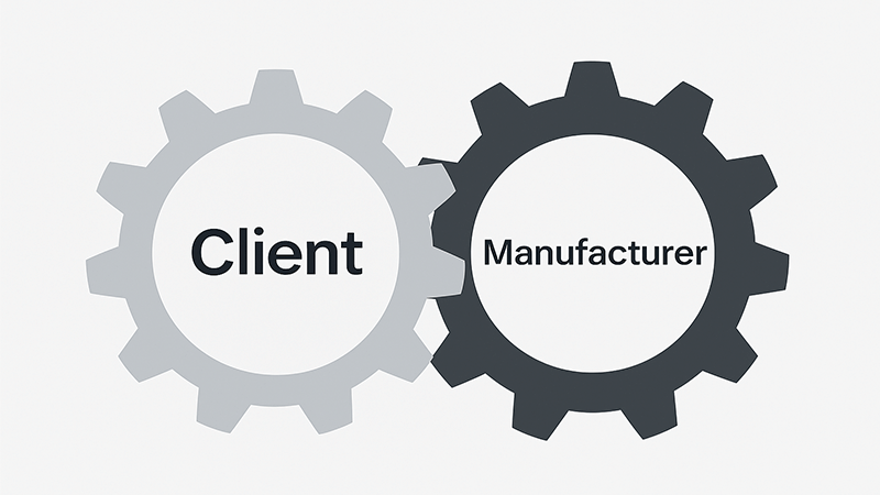 Two gears meshing together, one labeled "Client" and the other "Manufacturer."