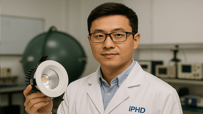An engineer at iPHD holding a newly designed LED downlight in a lab setting.