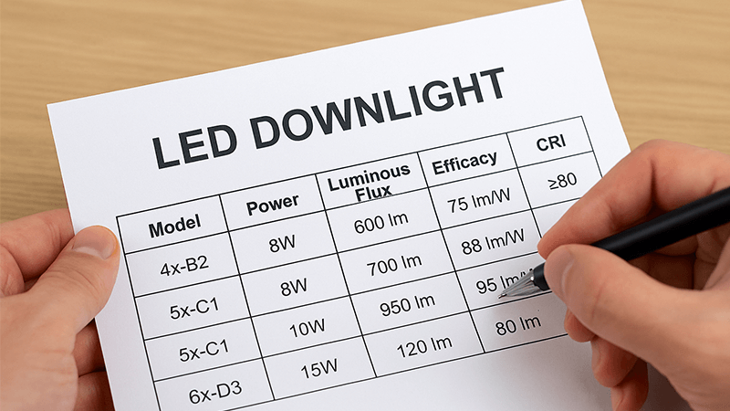 Evaluating LED downlight offers on a technical sheet