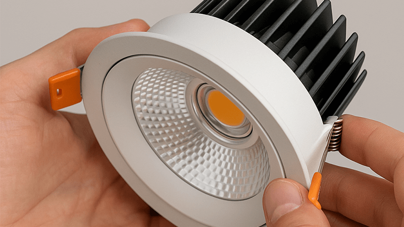 A high-quality LED downlight being inspected closely