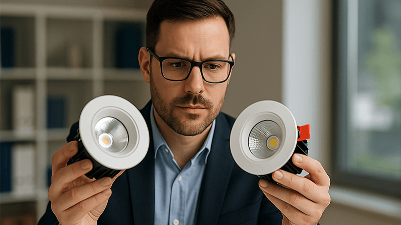 A purchasing manager comparing two different LED downlights