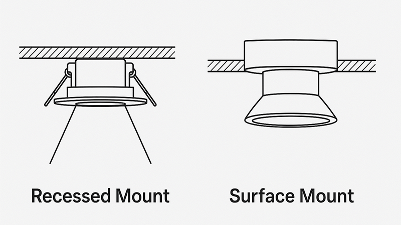 diagram showing recessed mount vs surface mount mechanics