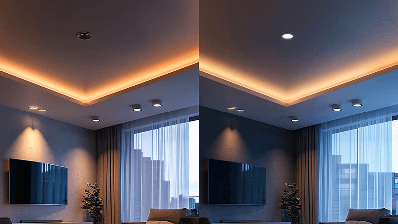 Side-by-side comparison of a recessed downlight and a flat panel downlight