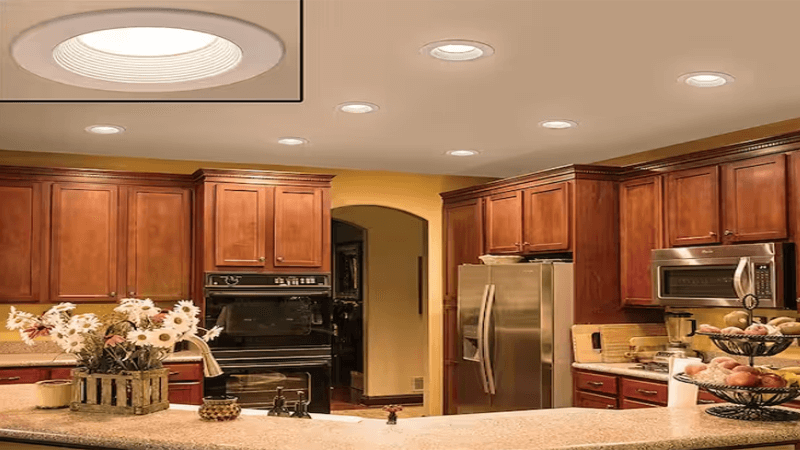 Diagram showing different types of downlights: recessed, surface-mounted, and track