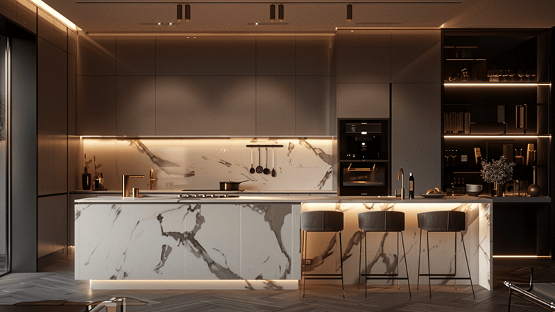 A stylish kitchen using recessed downlights for task and ambient lighting