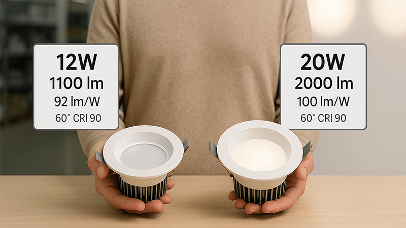 Best Wattage for LED Downlights A person comparing two downlights with different wattages and lumen outputs