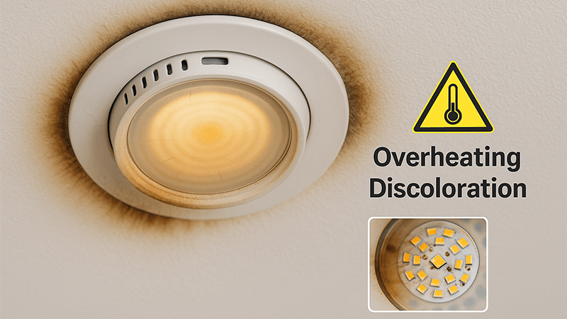 Problems with High Wattage LEDs An overheated LED downlight showing signs of discoloration or failure